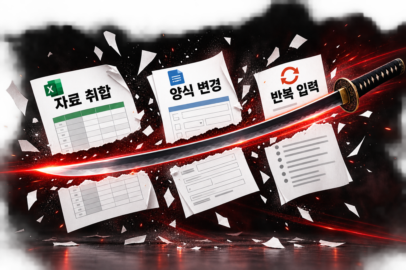 카타나로 자료 취합, 양식 변경, 반복 입력 문서를 베어내는 모습